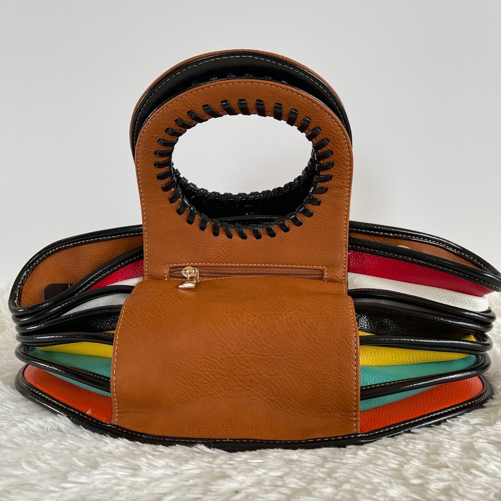 Boho Stylish Striped Rainbow Brown Leather Handbag